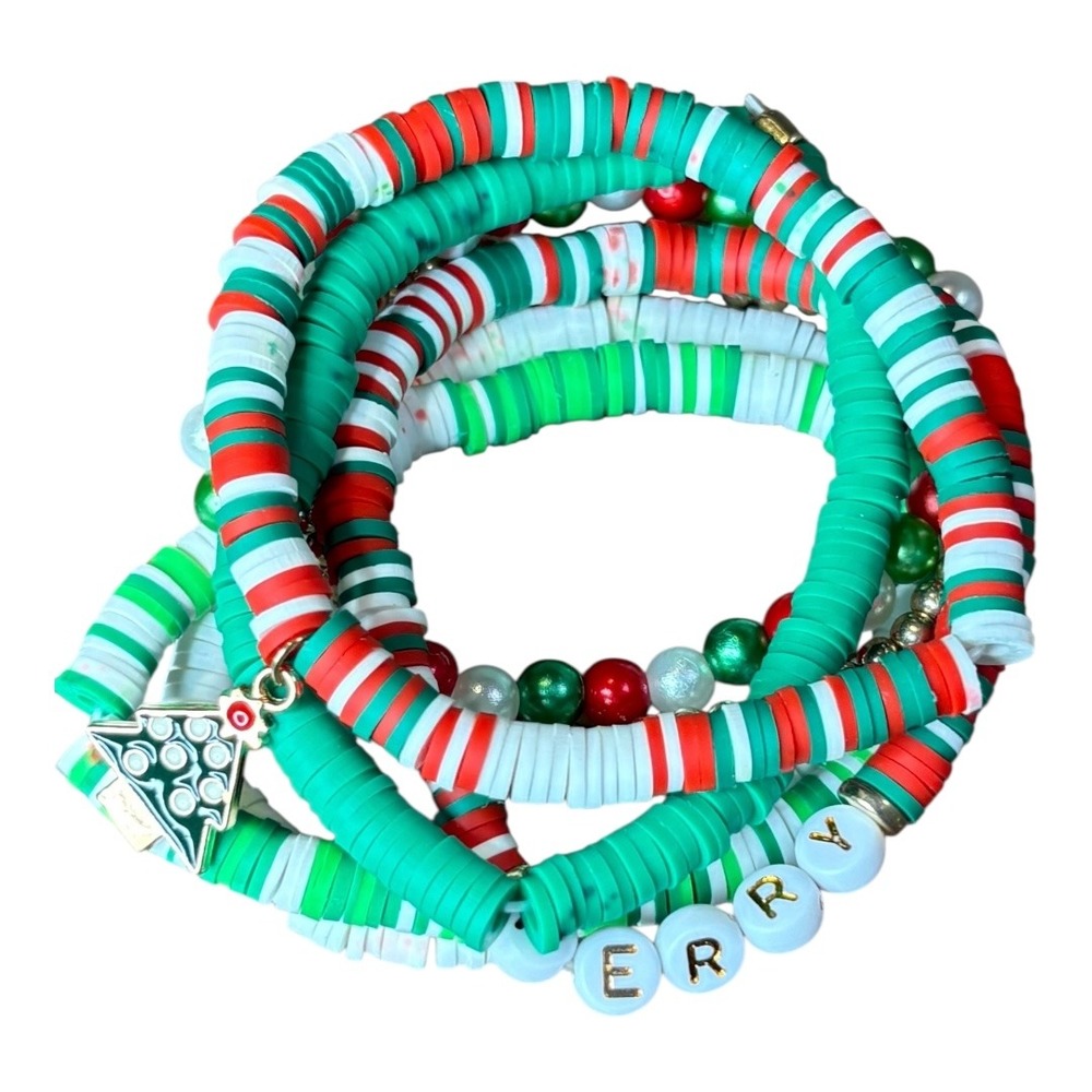 Christmas Heishi Bracelet Set‎ Womens Multicolor Festive Holiday Stack New